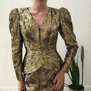 Vintage 80s Gold Lamé puff sleeve pencil skirt suit